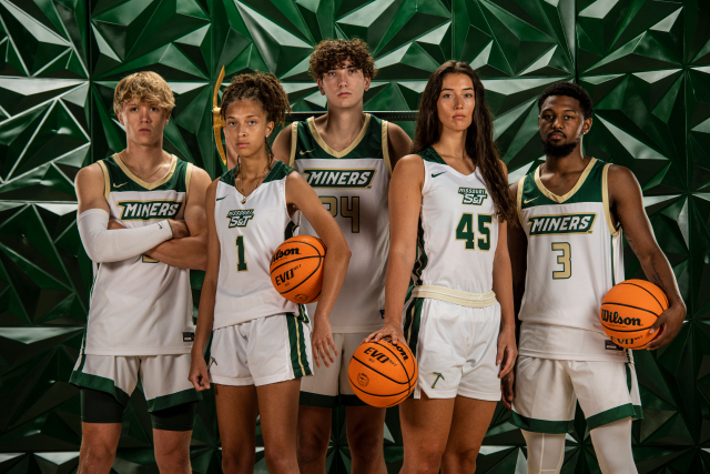 Five athletes grouped in a standing position in front of a 3 dimensional green background